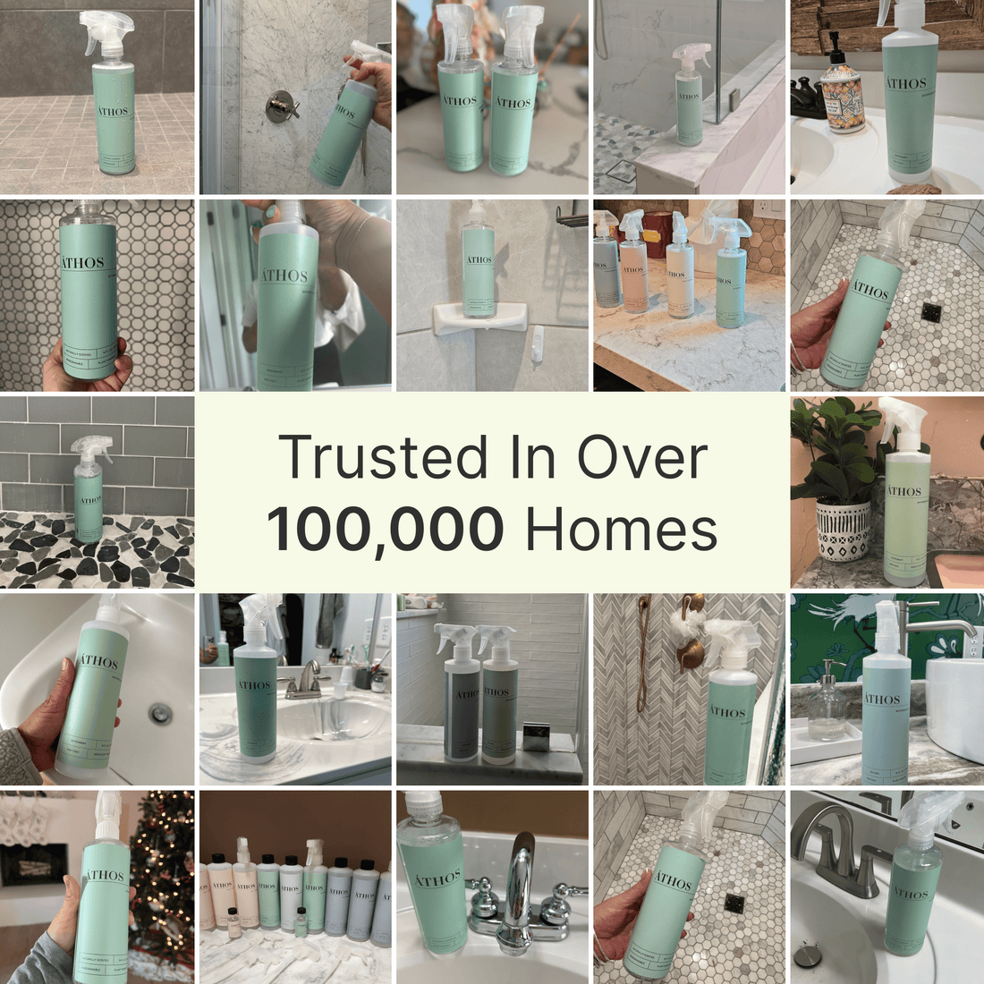 Collage of bathroom-cleaning photos showing real-home proof and product use in bathrooms.