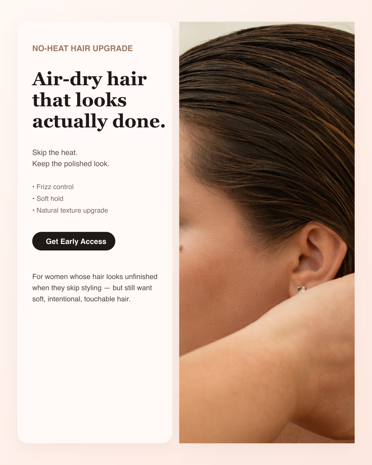 Woman with polished air-dried hair holding an air-dry smoothing cream in a soft premium beauty setting