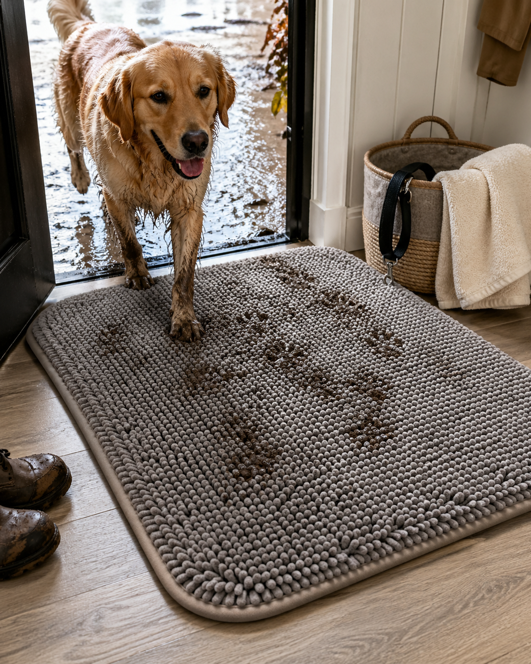 Muddy paw entry reset kit concept by a door.